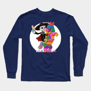 Day of the Dead Skull Face Matador Riding a Piñata with Burrito Long Sleeve T-Shirt